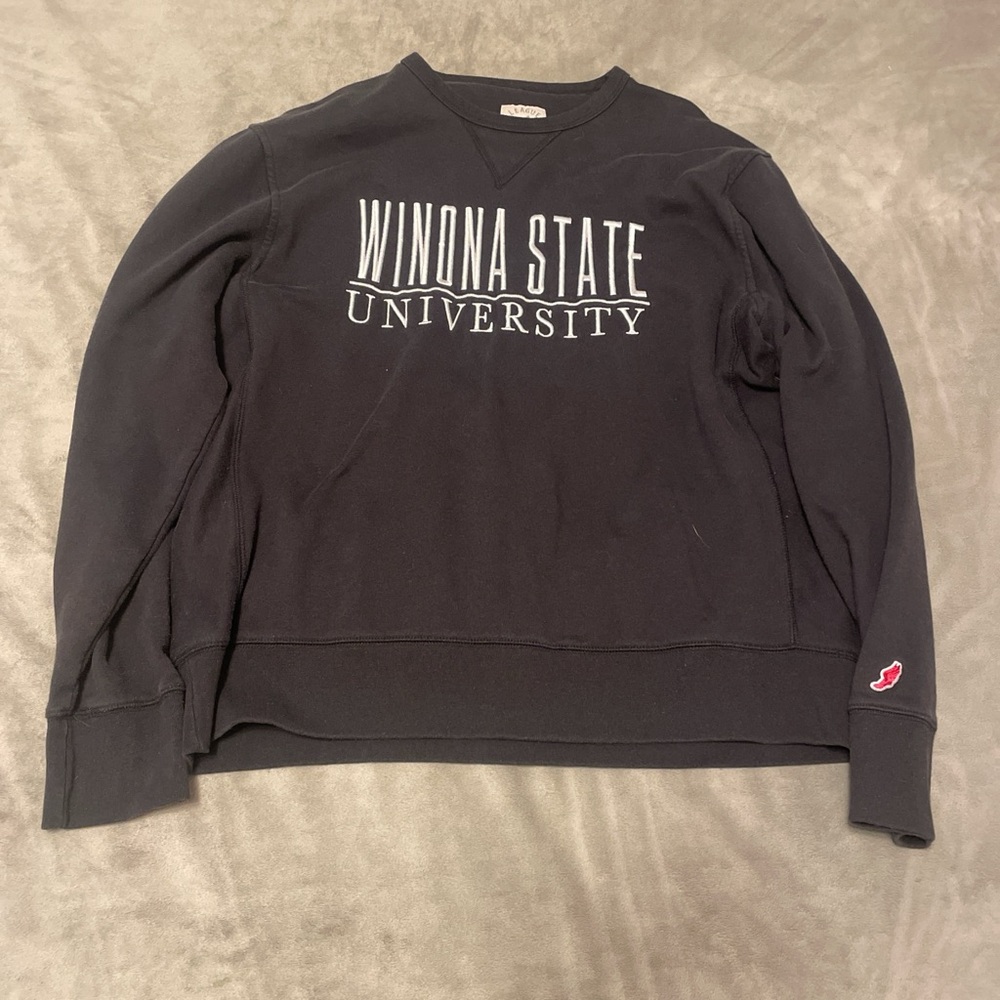 Black sweatshirt with "Winona State University" and red bird logo on sleeve